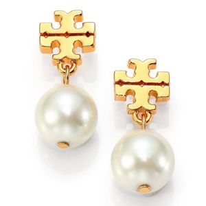 NWT, Authentic, Tory Burch Logo Faux Pearl Drop Earrings